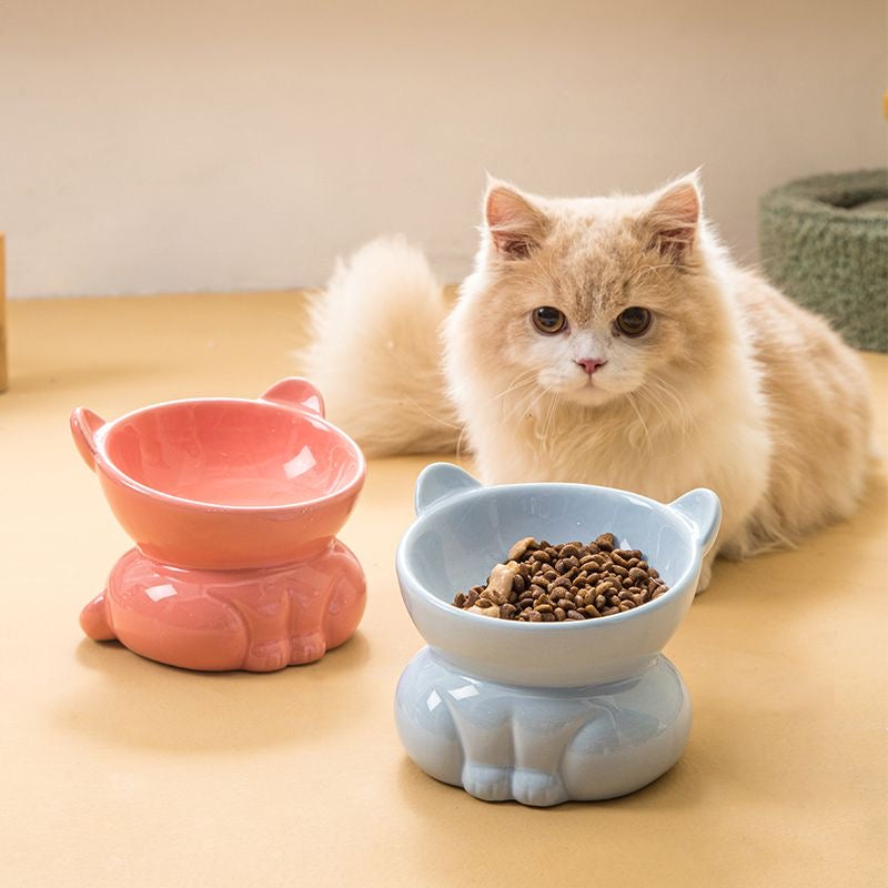 Cat Bowl Ceramic Cat Food Bowl Water Bowl Double Bowl Neck Protection Cat Food Holder Cat Dog Rice Bowl Oblique Mouth Pet Bowl Anti-Tumble 可爱猫咪大容量高脚陶瓷猫狗通用碗