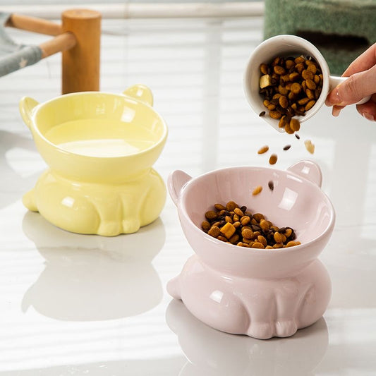 Cat Bowl Ceramic Cat Food Bowl Water Bowl Double Bowl Neck Protection Cat Food Holder Cat Dog Rice Bowl Oblique Mouth Pet Bowl Anti-Tumble 可爱猫咪大容量高脚陶瓷猫狗通用碗