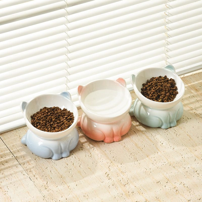 Cat Bowl Ceramic Cat Food Bowl Water Bowl Double Bowl Neck Protection Cat Food Holder Cat Dog Rice Bowl Oblique Mouth Pet Bowl Anti-Tumble 可爱猫咪大容量高脚陶瓷猫狗通用碗