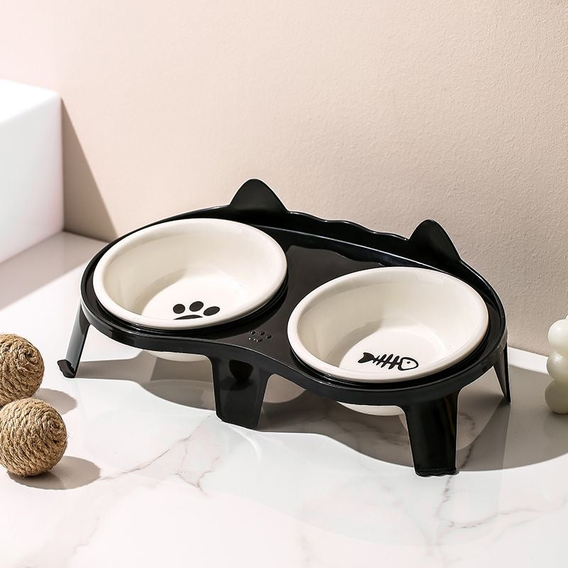 Cat Bowl Cat Food Holder Ceramic Cat Rice Bowl Double Bowl Oblique Mouth Protection Cervical Spine Anti-Tumble Dog Bowl Drinking Water Feeding Integrated 陶瓷猫狗通用双碗