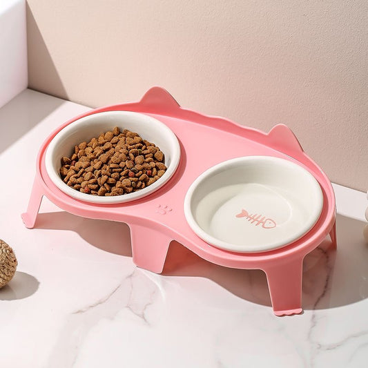 Cat Bowl Cat Food Holder Ceramic Cat Rice Bowl Double Bowl Oblique Mouth Protection Cervical Spine Anti-Tumble Dog Bowl Drinking Water Feeding Integrated 陶瓷猫狗通用双碗